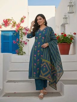 FASHOR - Floral Printed Anarkali with Pant & Dupatta - Blue