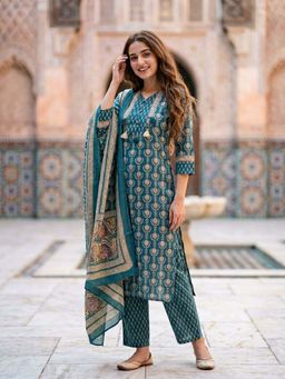 FASHOR - Ethnic Booti Printed Straight Kurta with Pant & Dupatta - Turquoise Blue