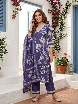 FASHOR - Abstract Floral Jaal Printed Straight Kurta with Pant & Dupatta - Purple