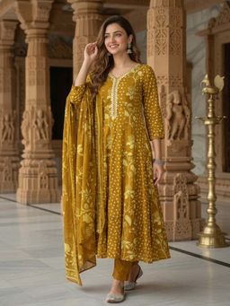 FASHOR - Floral Printed Anarkali Flared Kurta with Pant & Dupatta - Mustard