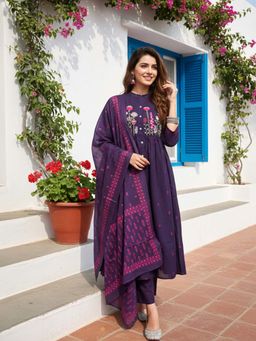 FASHOR - Buta Printed Embroidered A-Line Kurta with Pant & Dupatta - Purple