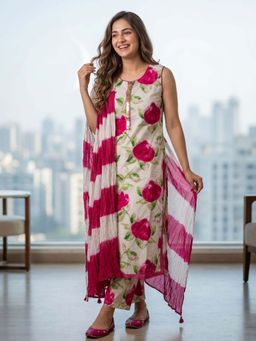 FASHOR - Floral Printed Sequin Straight Kurta with Pant & Dupatta - Cream