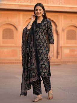 FASHOR - Ethnic Printed Straight Kurta with Pant & Dupatta - Black