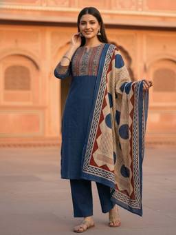 FASHOR - Printed Yoke Straight Kurta with Pant & Geometric Dupatta - Navy Blue