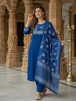 FASHOR - Floral Printed Embroidered Straight Kurta with Pant & Dupatta - Blue