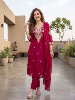 FASHOR - Solid Embroidered Straight Kurta with Pant & Dupatta - Magenta