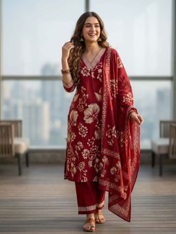 FASHOR - Floral Jaal Printed Straight Kurta with Pant & Dupatta - Red