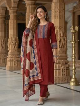 FASHOR - Printed Yoke Straight Kurta with Pant & Geometric Dupatta - Maroon