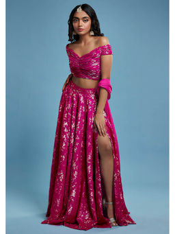PHATAKAA - Hot PInk Offshoulder Vark Lehenga with Stitched Blouse and Dupatta (Set of 3)