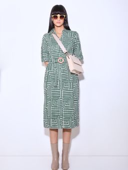 VERO MODA - Green Geometric Print Shirt Dress with Belt (Set of 2)