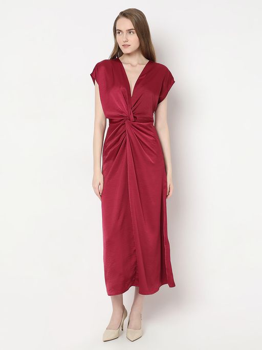 knee length dresses for ladies Wine Long Sleeves Knot Skirt Bodycon Midi Dress – AX Paris