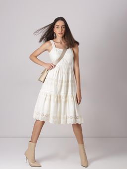 VERO MODA - Off-White Schiffli Strappy Knee-Length Dress