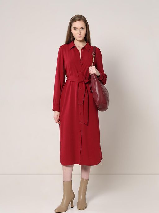 knee length dresses for ladies Le Marais Relaxed Fit Midi Shirt Dress in Red Cotton Sateen – The Shirt  Company main image 0