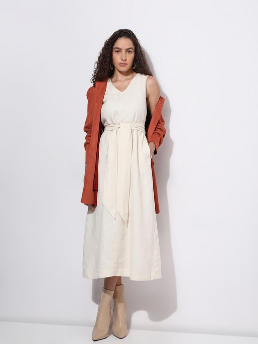 vero moda linen dress Buy VERO MODA Off-White Linen Midi Dress with Belt (Set of 2) (XS) Online