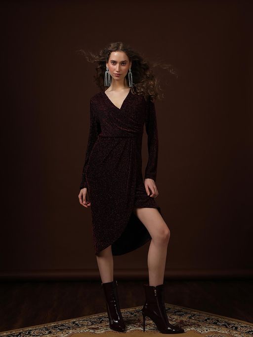 Buy VERO MODA Maroon Shimmer Wrap Midi Dress (XS) Online