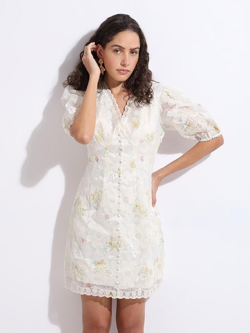 white french lace dress White Lace Midi Dress French Style Elegant Wedding Bridal Guest Dress White / M / US 6-8 main image 1