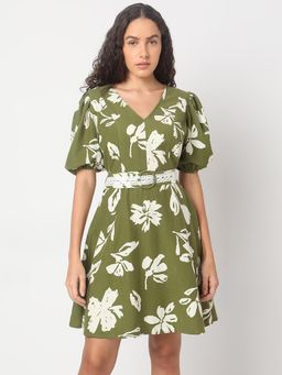 VERO MODA - Sage Green Floral Print Dress with Belt (Set of 2)