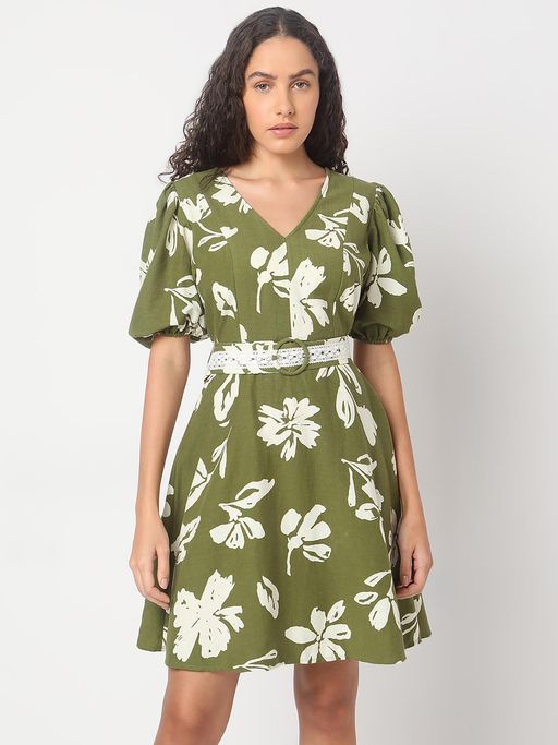 vero moda green floral dress Buy VERO MODA Sage Green Floral Print Dress with Belt (Set of 2) (XS) Online