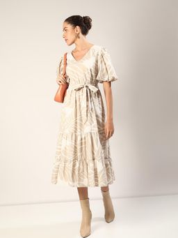 VERO MODA - Beige Printed Midi Dress with Belt (Set of 2)