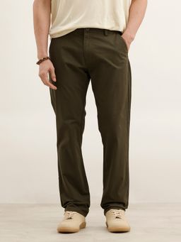 WROGN - Men Straight Fit Solid Olive Trouser