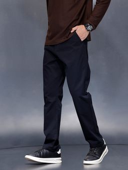 WROGN - Men Solid Black Cotton Navy Blue Chinos Trouser