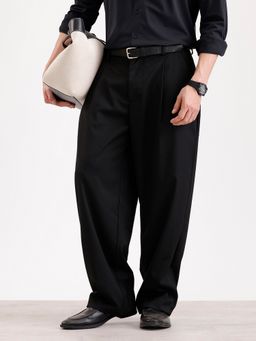 WROGN - Men Baggy Fit Pleated Black Trouser