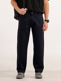 WROGN - Men Loose Fit Pure Cotton Navy Blue Cargo Trouser