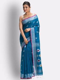 Angoshobha - Blue Cotton Blended Handloom Jamdani Saree with Unstitched Blouse