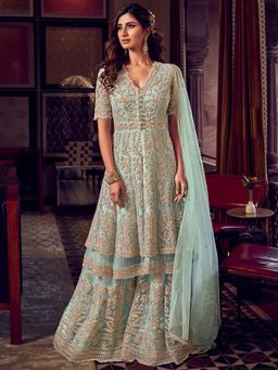 Stylee LIFESTYLE - Turquoise Embroidered Semi-Stitched Dress Material (Set of 3)