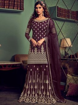 Stylee LIFESTYLE - Wine Embroidered Semi-Stitched Dress Material (Set of 3)