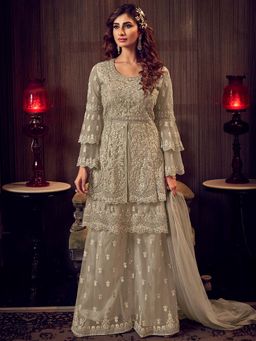 Stylee LIFESTYLE - Beige Embroidered Semi-Stitched Dress Material (Set of 3)