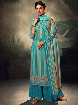 Stylee LIFESTYLE - Blue Printed Unstitched Dress Material (Set of 3)