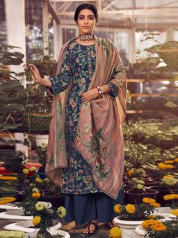 Stylee LIFESTYLE - Blue Printed Unstitched Dress Material (Set of 3)