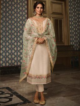 Stylee LIFESTYLE - Beige Embroidered Semi-Stitched Dress Material (Set of 3)