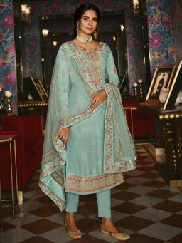 Stylee LIFESTYLE - Sky Blue Embroidered Semi-Stitched Dress Material (Set of 3)