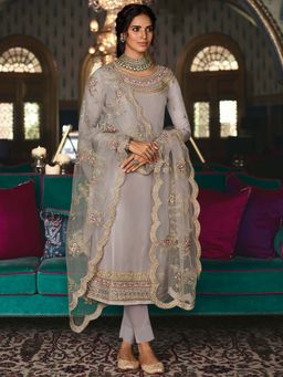 Stylee LIFESTYLE - Grey Embroidered Semi-Stitched Dress Material (Set of 3)