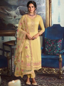 Stylee LIFESTYLE - Yellow Embroidered Semi-Stitched Dress Material (Set of 3)