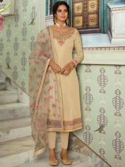 Stylee LIFESTYLE - Beige Embroidered Semi-Stitched Dress Material (Set of 3)