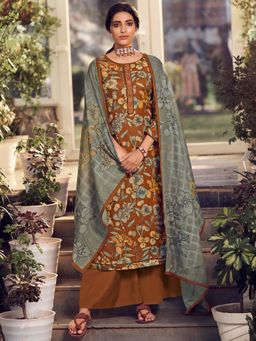 Stylee LIFESTYLE - Brown Printed Unstitched Dress Material (Set of 3)