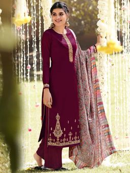 Stylee LIFESTYLE - Wine Embroidered Unstitched Dress Material (Set of 3)