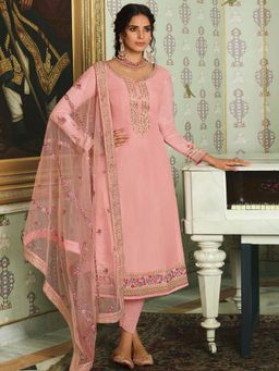 Stylee LIFESTYLE - Peach Embroidered Semi-Stitched Dress Material (Set of 3)