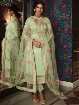 Stylee LIFESTYLE - Green Embroidered Semi-Stitched Dress Material (Set of 3)