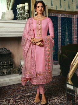 Stylee LIFESTYLE - Pink Embroidered Semi-Stitched Dress Material (Set of 3)