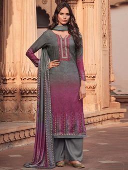 Stylee LIFESTYLE - Grey Printed Unstitched Dress Material (Set of 3)