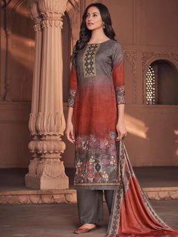 Stylee LIFESTYLE - Grey Printed Unstitched Dress Material (Set of 3)