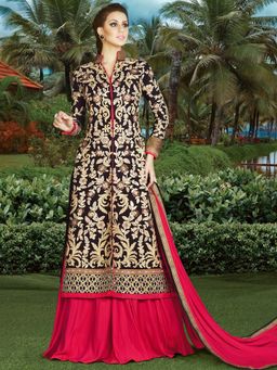 Stylee LIFESTYLE - Black Embroidered Semi-Stitched Dress Material (Set of 3)