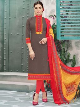 Stylee LIFESTYLE - Brown Embroidered Unstitched Dress Material (Set of 3)