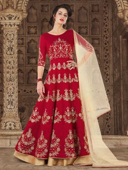 Stylee LIFESTYLE - Maroon Embroidered Semi-Stitched Dress Material (Set of 3)