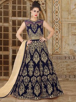 Stylee LIFESTYLE - Navy Blue Embroidered Semi-Stitched Dress Material (Set of 3)