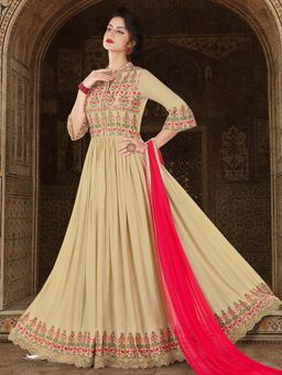 Stylee LIFESTYLE - Beige Embroidered Semi-Stitched Dress Material (Set of 3)